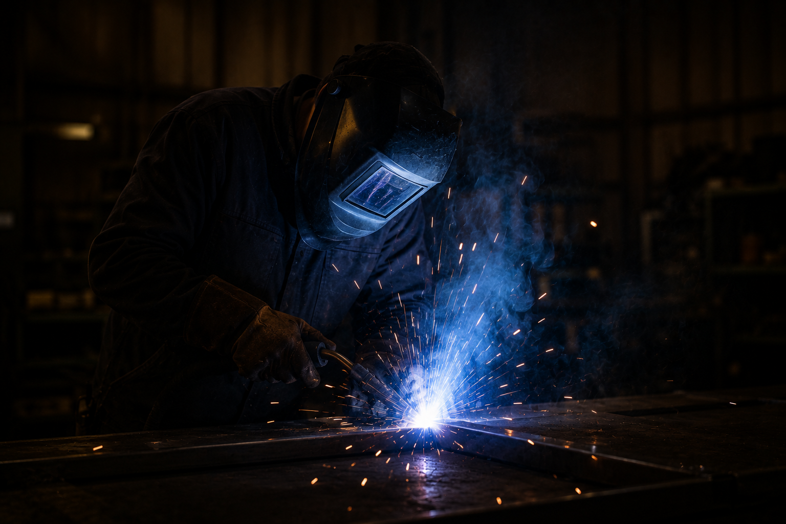 Welder MIG welding a steel frame